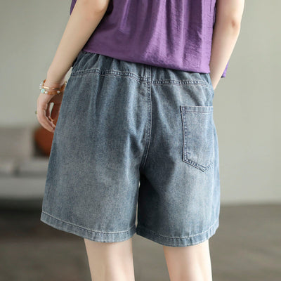 Women Summer Retro Embroidery Loose Cotton Denim Shorts