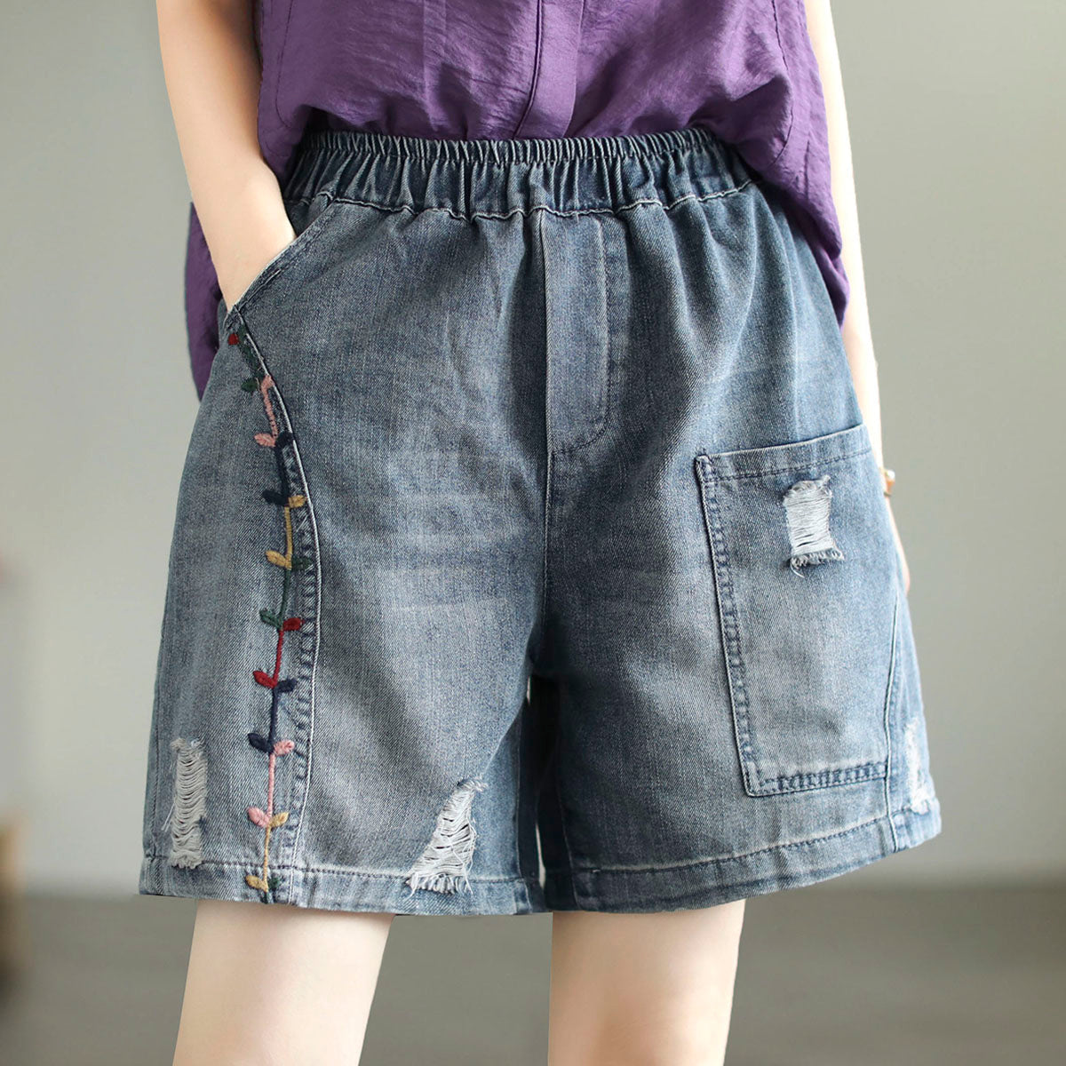 Women Summer Retro Embroidery Loose Cotton Denim Shorts Jul 2022 New Arrival M Blue 