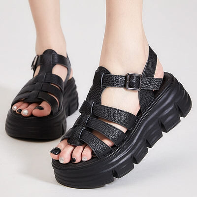 Women Summer Retro Fashion Leather Casual Platform Sandals Feb 2023 New Arrival Black 34 