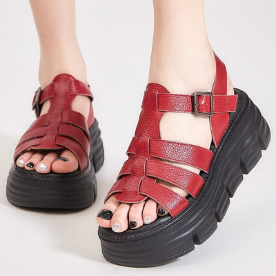 Women Summer Retro Fashion Leather Casual Platform Sandals Feb 2023 New Arrival Red 34 