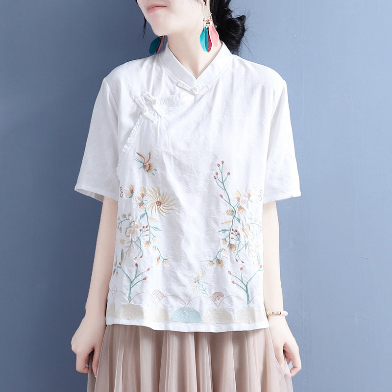 Women Summer Retro Floral Embroidery Blouse