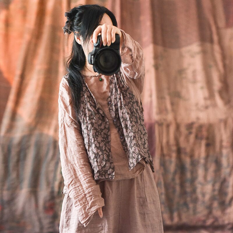 Women Retro Floral Linen Loose Vest
