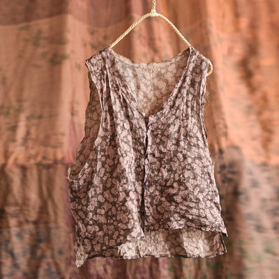 Women Summer Retro Floral Linen Loose Waistcoat