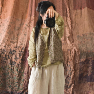 Women Retro Floral Linen Loose Vest