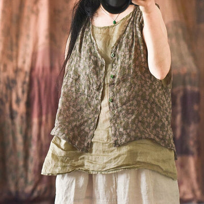 Women Retro Floral Linen Loose Vest