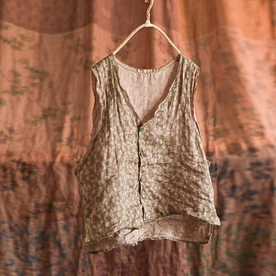 Women Retro Floral Linen Loose Vest