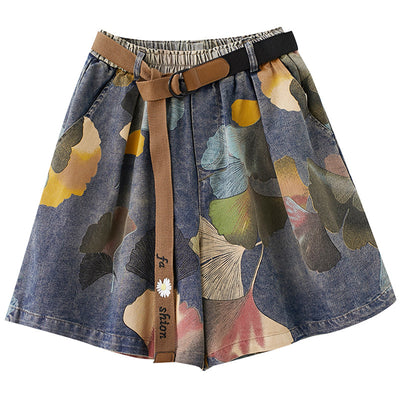 Women Summer Retro Floral Printed Denim Loose Shorts