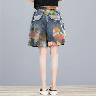 Women Summer Retro Floral Printed Denim Loose Shorts