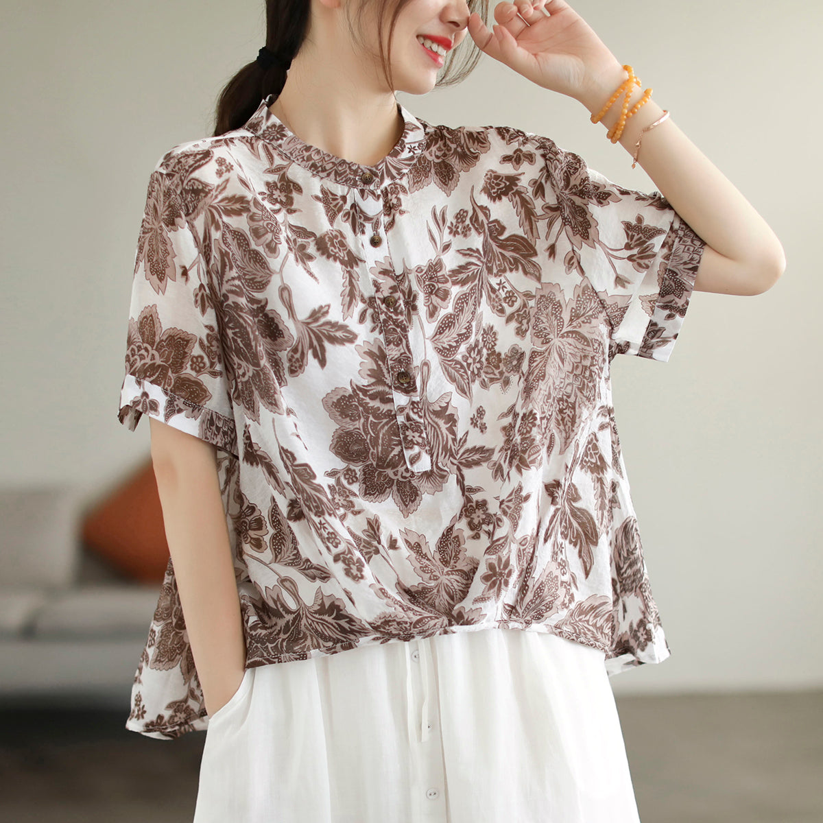 Women Summer Retro Floral Thin Linen Short Sleeve Blouse