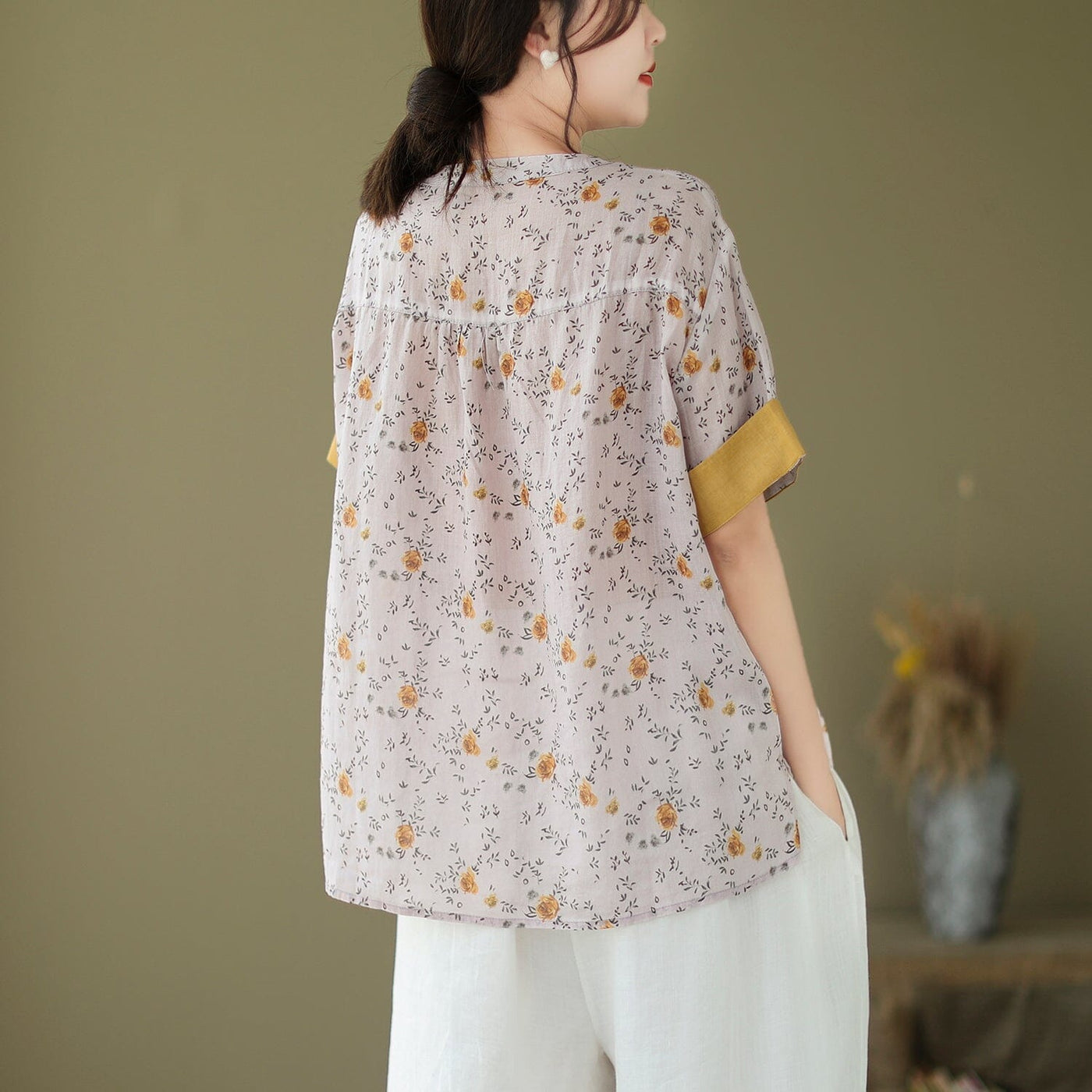 Women Summer Retro Floral Thin Linen T-Shirt