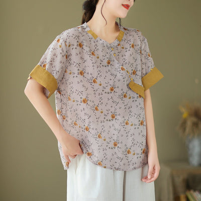 Women Summer Retro Floral Thin Linen T-Shirt
