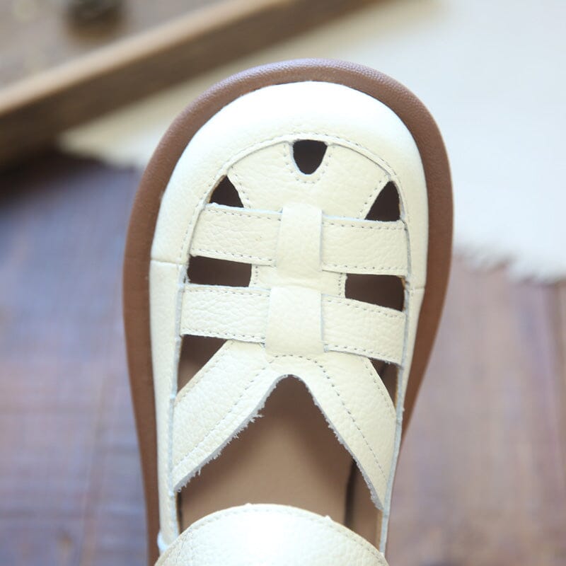 Women Summer Retro Hollow Leather Velcro Sandals