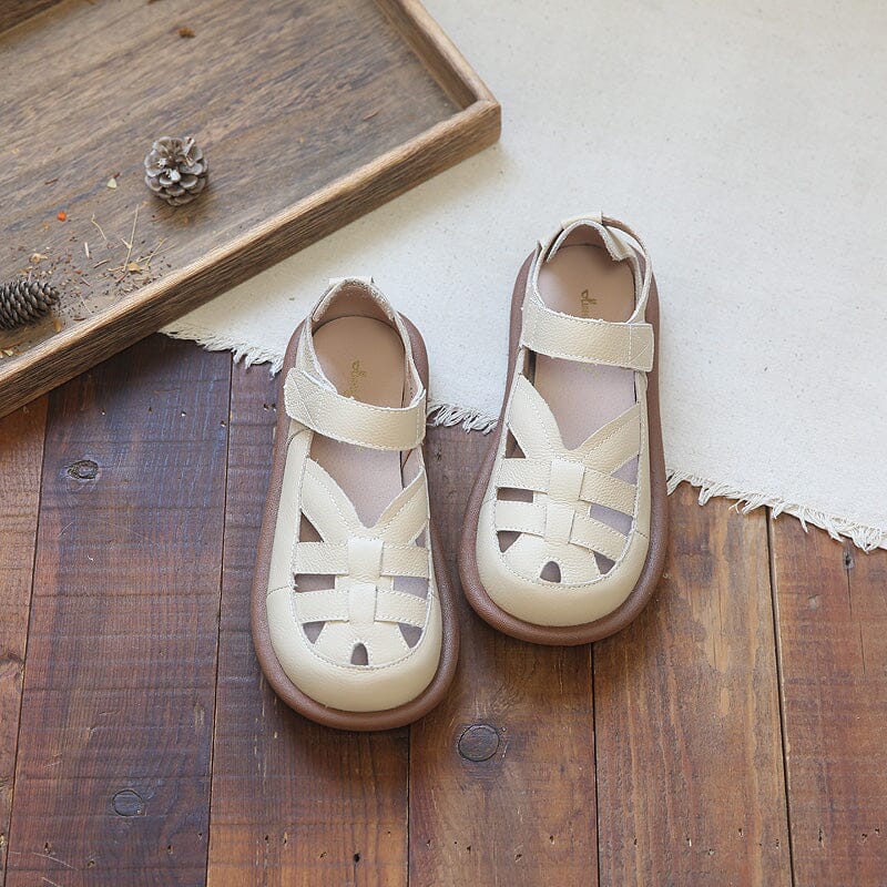 Women Summer Retro Hollow Leather Velcro Sandals May 2023 New Arrival 35 Apricot 