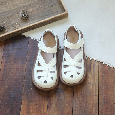Women Summer Retro Hollow Leather Velcro Sandals May 2023 New Arrival 35 Beige 