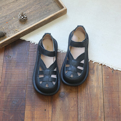 Women Summer Retro Hollow Leather Velcro Sandals May 2023 New Arrival 35 Black 