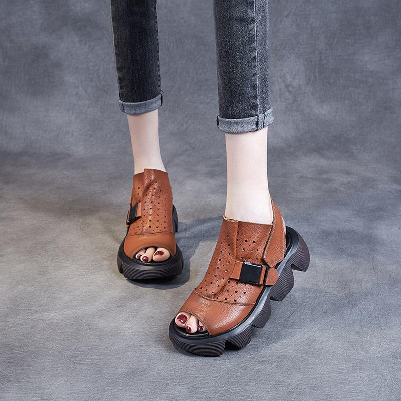 Women Summer Retro Hollow Platform Leather Sandals