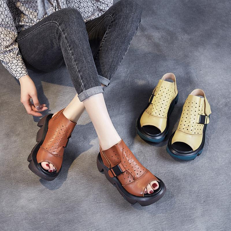 Women Summer Retro Hollow Platform Leather Sandals Dec 2021 New Arrival 