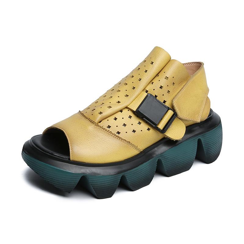 Women Summer Retro Hollow Platform Leather Sandals