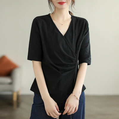 Women Summer Retro Irregular V-Neck Cotton T-Shirt Jun 2022 New Arrival One Size Black 