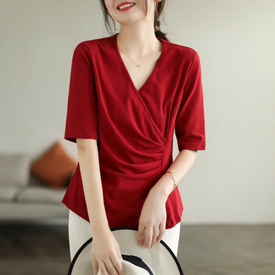 Women Summer Retro Irregular V-Neck Cotton T-Shirt Jun 2022 New Arrival One Size Red 
