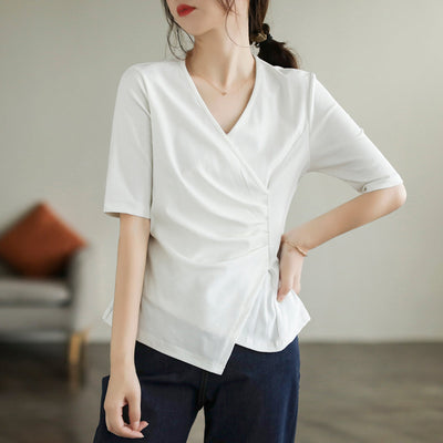 Women Summer Retro Irregular V-Neck Cotton T-Shirt Jun 2022 New Arrival One Size White 