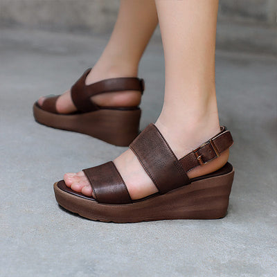 Women Summer Retro Leather Casual Wedge Sandals