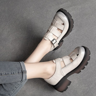 Women Summer Retro Leather Chunky Lug Sole Sandals Feb 2023 New Arrival Beige 35 