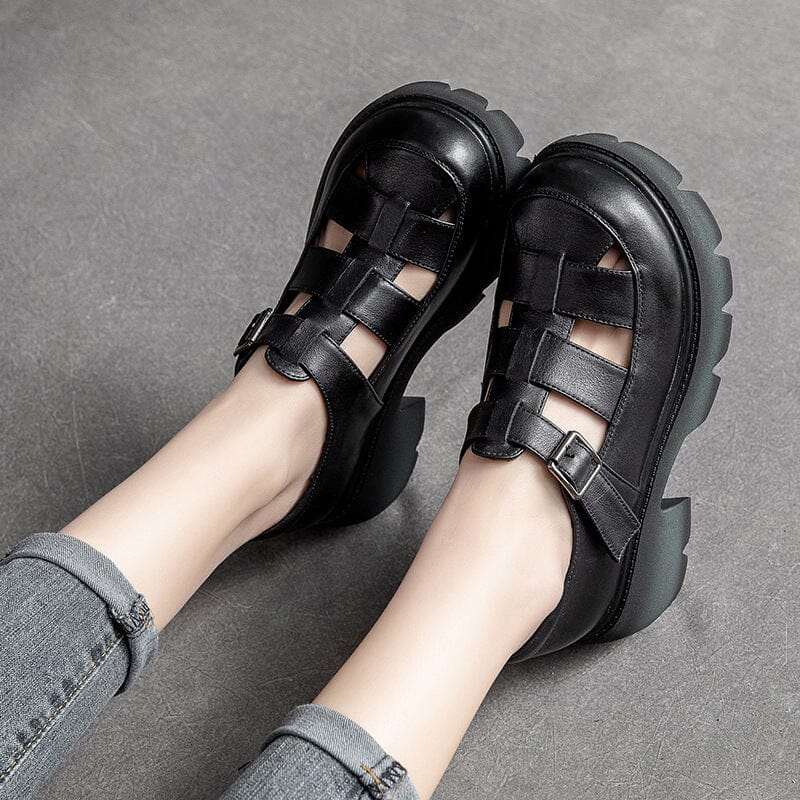 Women Summer Retro Leather Chunky Lug Sole Sandals
