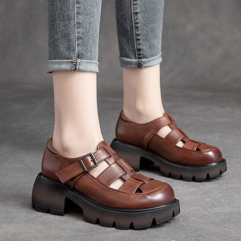 Women Summer Retro Leather Chunky Lug Sole Sandals