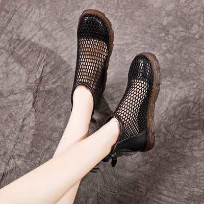 Women Summer Retro Leather Mesh Back Zipper Sandals Apr 2022 New Arrival 