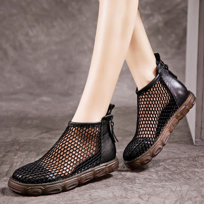 Women Summer Retro Leather Mesh Back Zipper Sandals
