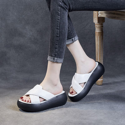 Women Summer Retro Leather Platform Casual Slippers Mar 2023 New Arrival 