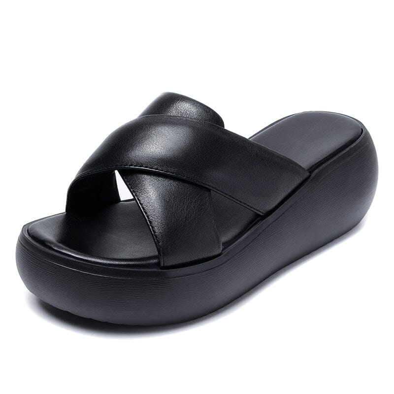 Women Summer Retro Leather Platform Casual Slippers Mar 2023 New Arrival Black 35 