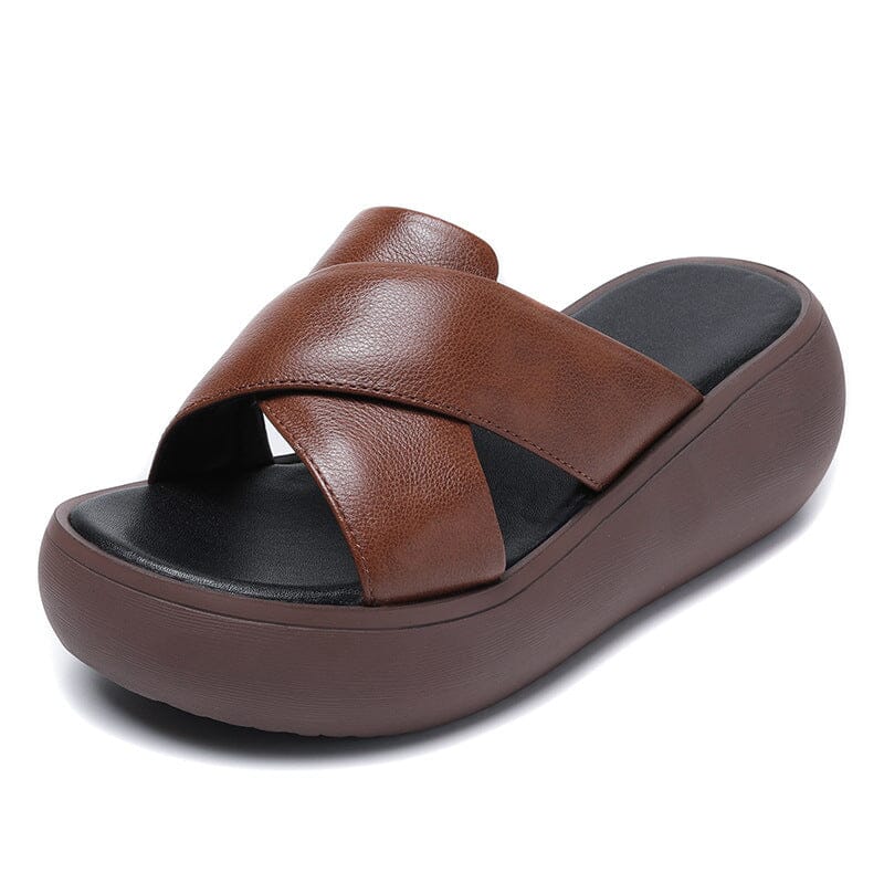 Women Summer Retro Leather Platform Casual Slippers Mar 2023 New Arrival Brown 35 