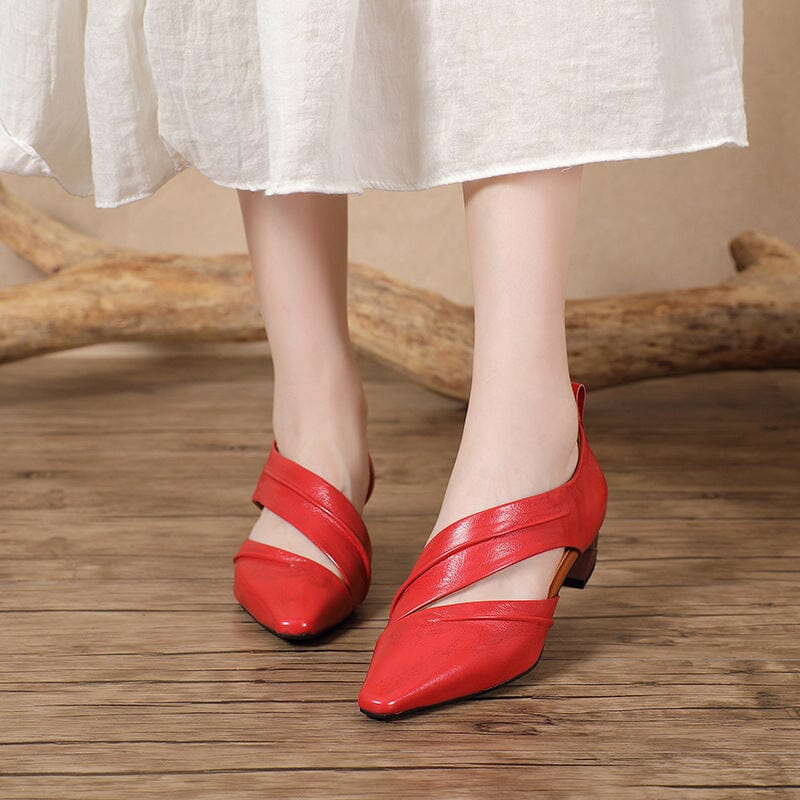 Women Summer Retro Leather Pointed Toe Sandals