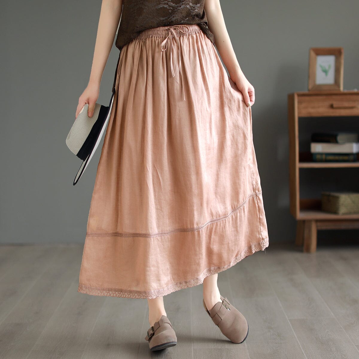 Women Summer Retro Linen A-Line Skirt May 2023 New Arrival One Size Pink 