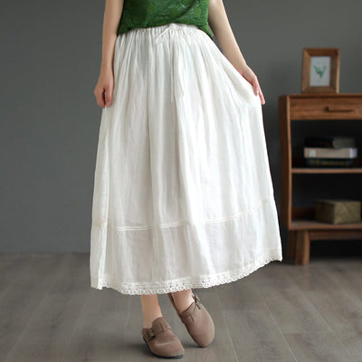 Women Summer Retro Linen A-Line Skirt May 2023 New Arrival One Size White 