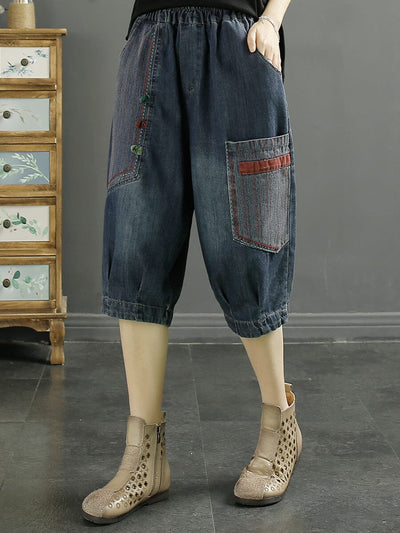 Women Summer Retro Patchwork Cotton Denim Shorts