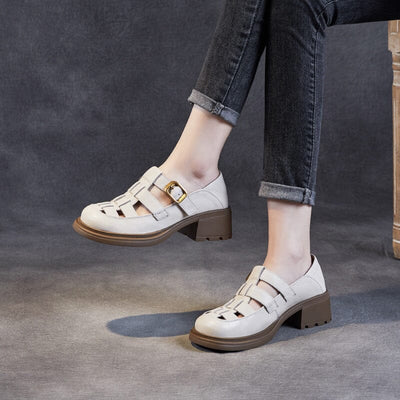 Women Summer Retro Plaited Leather Chunky Heel Sandals