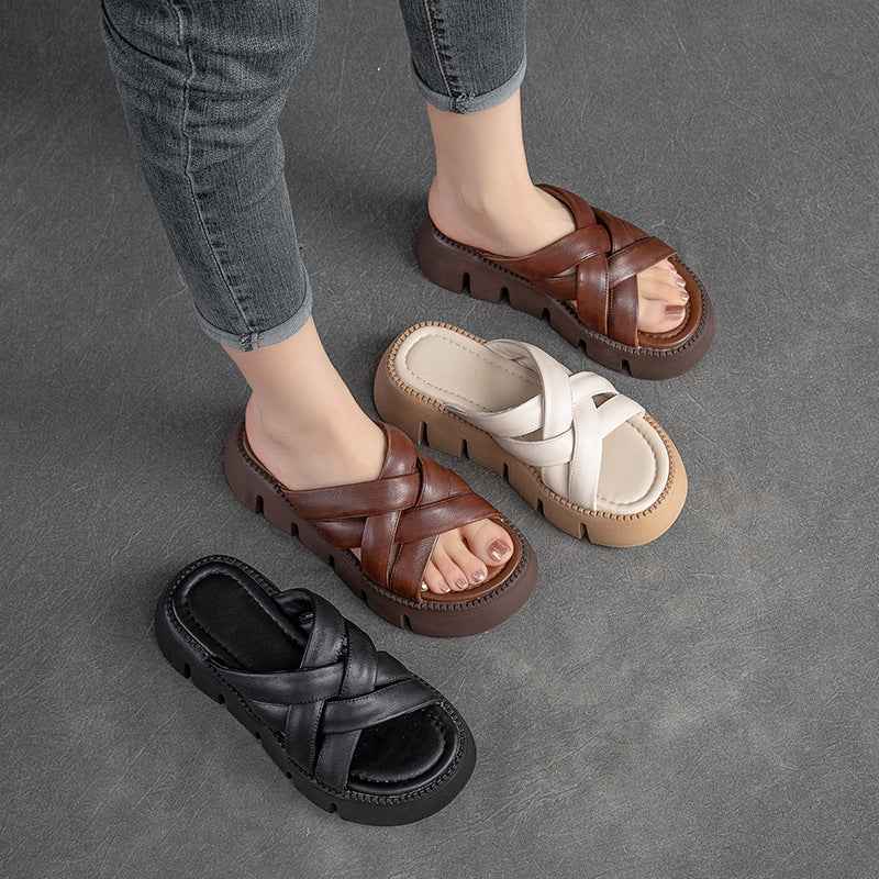 Women Summer Retro Plaited Leather Wedge Casual Slippers