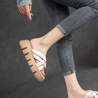 Women Summer Retro Plaited Leather Wedge Casual Slippers Jun 2022 New Arrival 