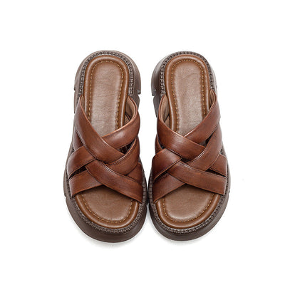 Women Summer Retro Plaited Leather Wedge Casual Slippers Jun 2022 New Arrival Brown 35 
