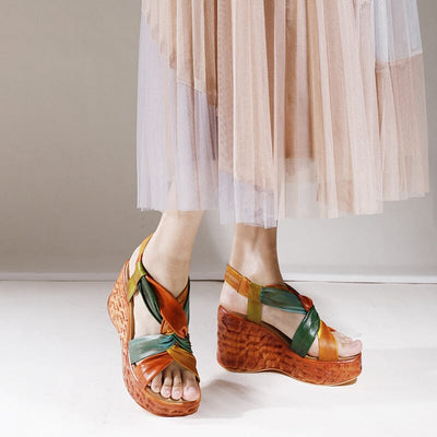 Women Summer Retro Plaited Leather Wedge Sandals