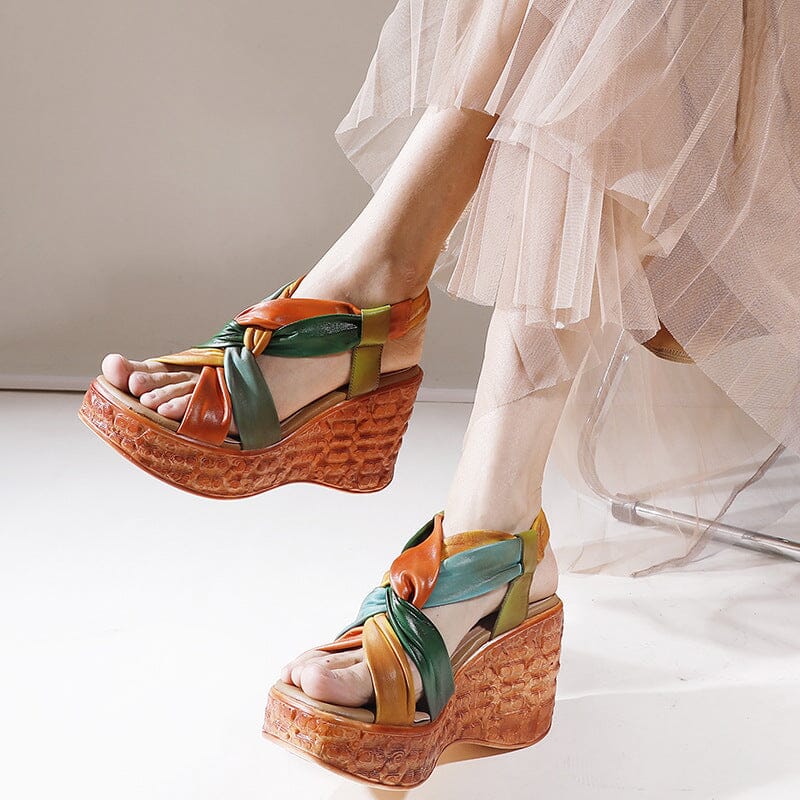 Women Summer Retro Plaited Leather Wedge Sandals May 2023 New Arrival 