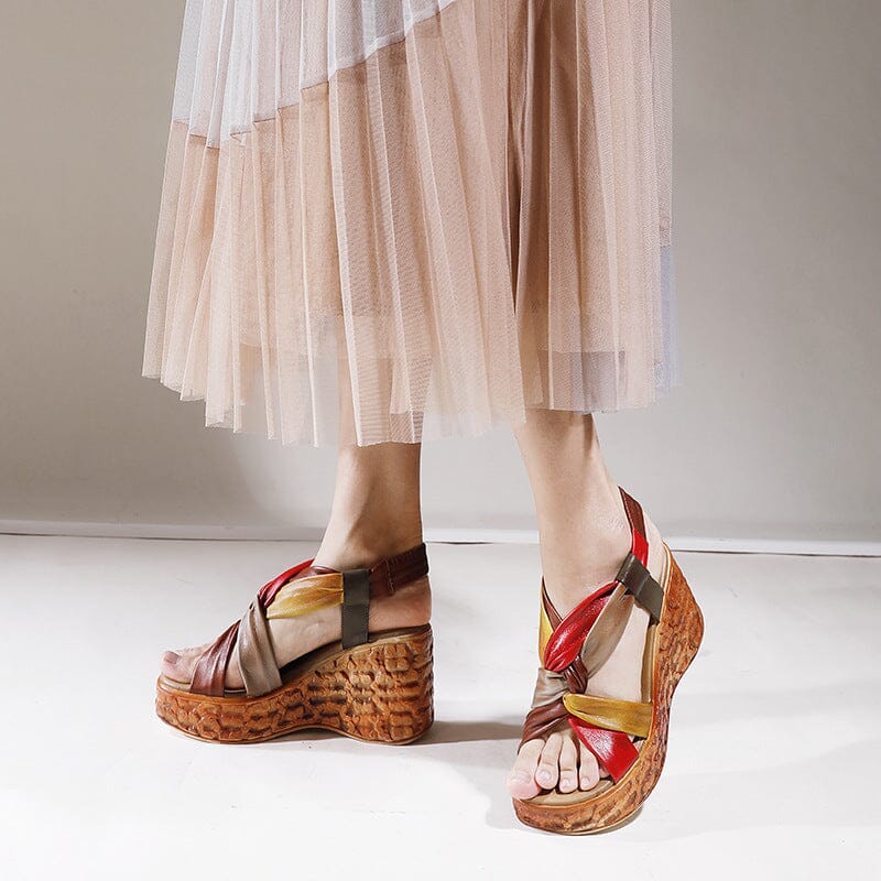 Women Summer Retro Plaited Leather Wedge Sandals May 2023 New Arrival 