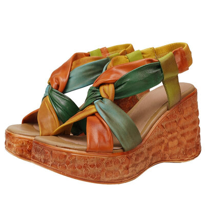Women Summer Retro Plaited Leather Wedge Sandals May 2023 New Arrival Yellow 34 