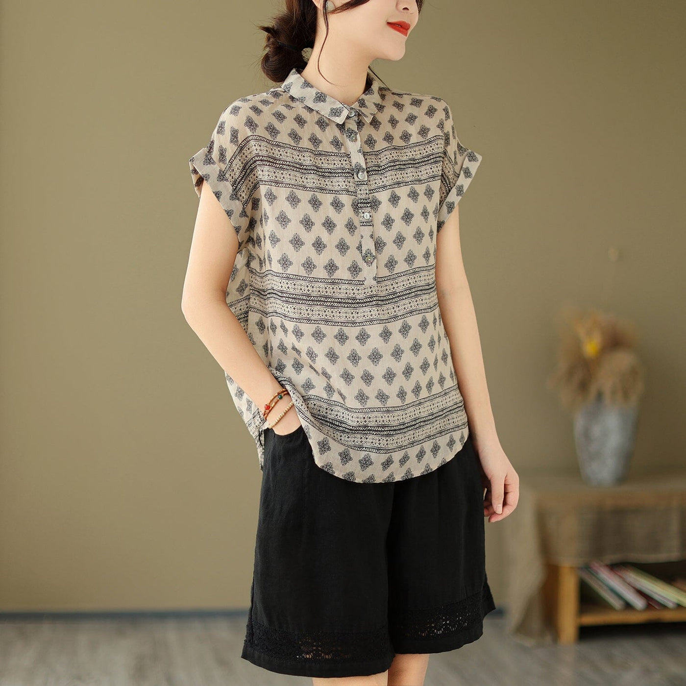 Women Summer Retro Print Linen Minimalist T-Shirt