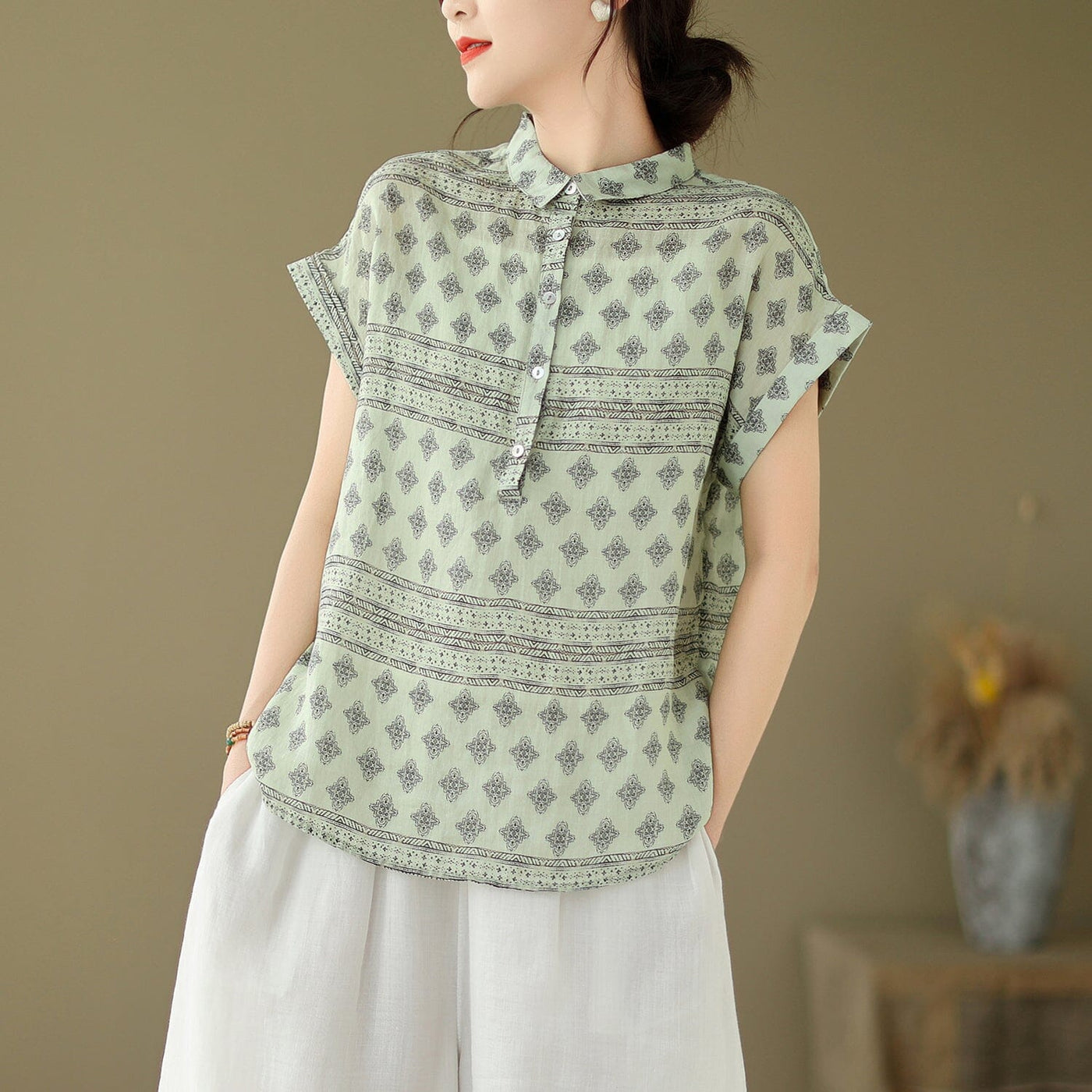 Women Summer Retro Print Linen Minimalist T-Shirt