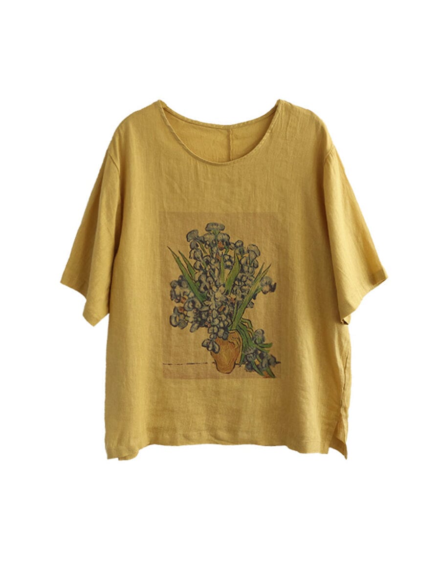 Women Summer Retro Print Linen T-Shirt
