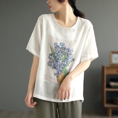 Women Summer Retro Print Linen T-Shirt